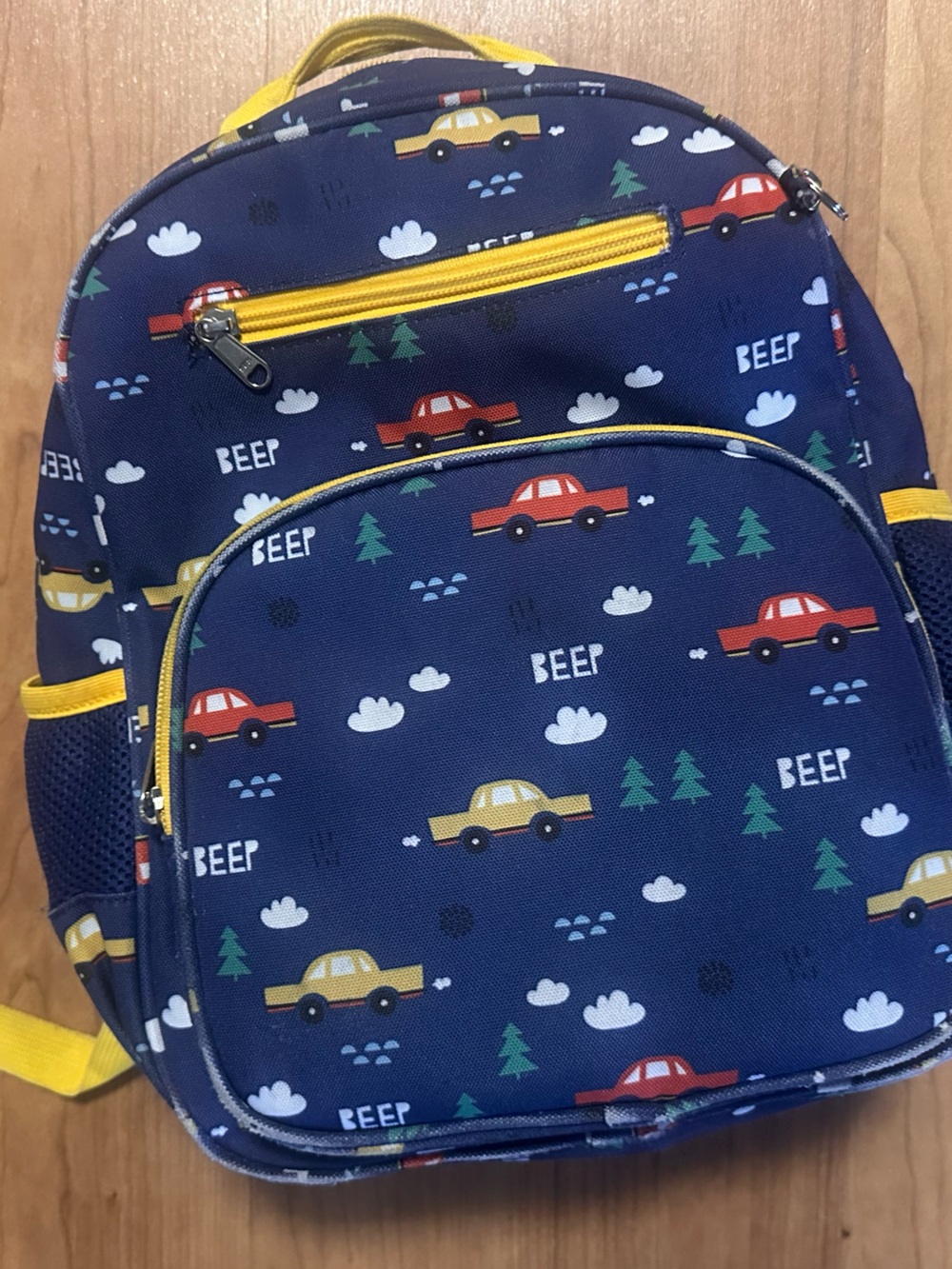 Kids Navy Car Print Backpack with Yellow Accents